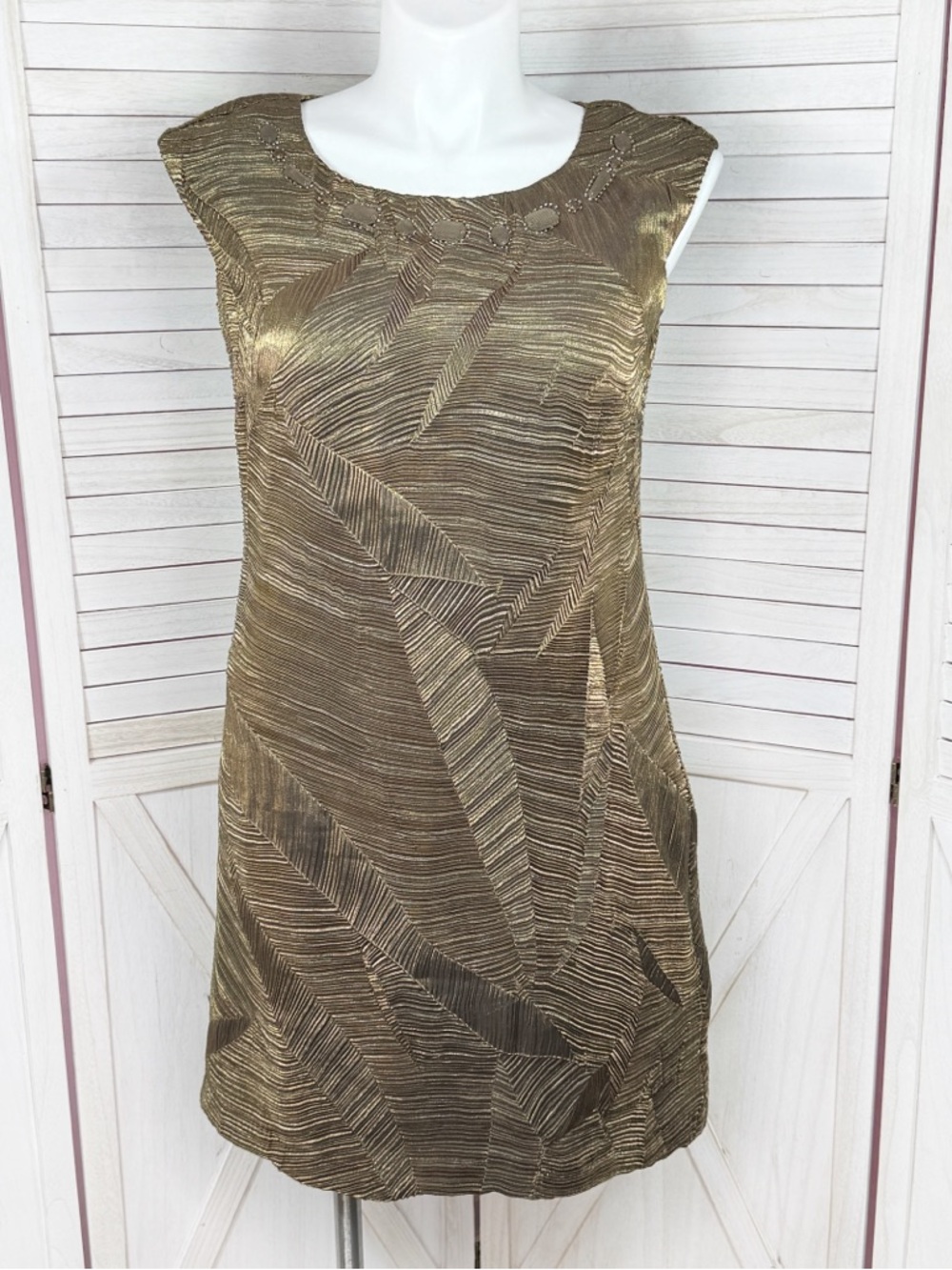 Signature‎ by Robbie Bee Beaded Neck Textured Crinkle Sheath Dress Bronze 12